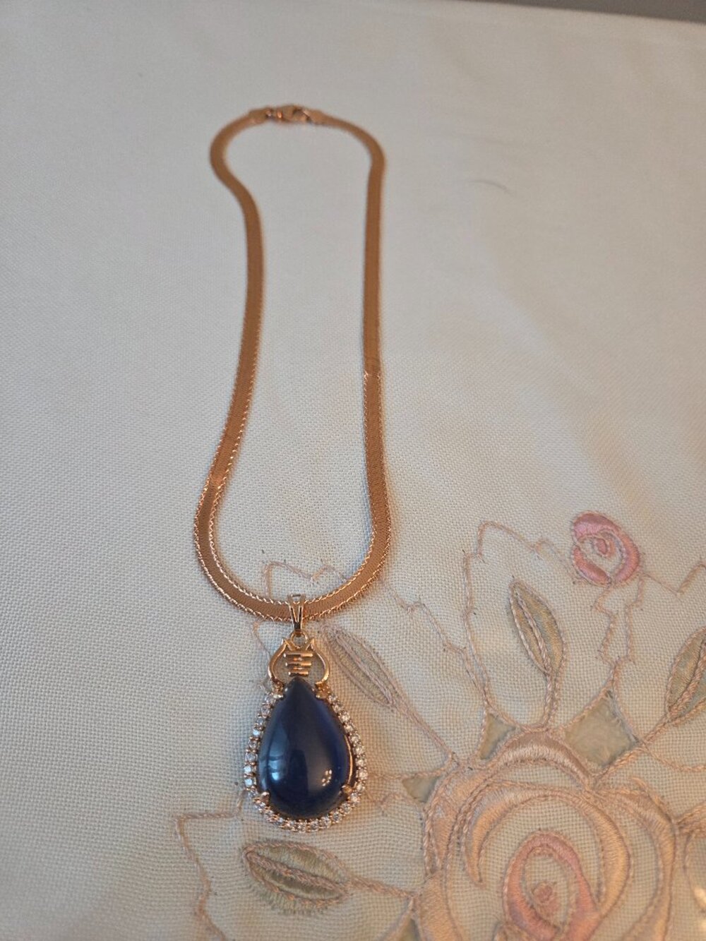Milor 18K Gold Plated Bronze Herringbone Necklace with Faux Cabochon Pendant
